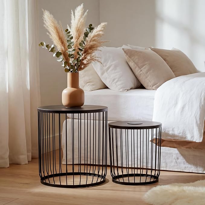 Solar Nesting Side Table Set of 2, Modern Black Metal Wire Round End Tables with Dusk to Dawn LED Light & On/Off Switch, Industrial Accent Tables for Patio, Balcony, Living Room, Garden (Solar 2)