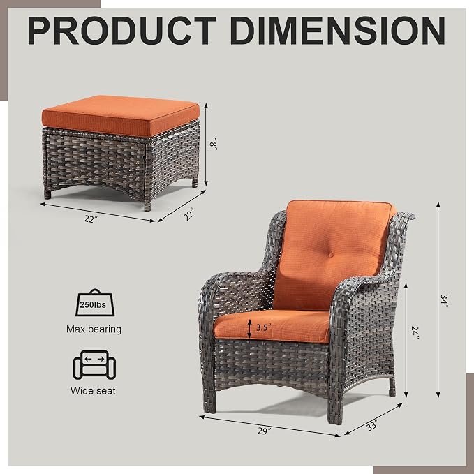 4 Pieces Outdoor Patio Furniture Set Wicker Chairs Set of 2 with Two Ottomans for Backyard, Porch, Balcony(Mixed Grey/Orange)