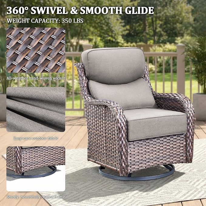 Luxury Swivel Rocker Chair Sofa Set with 6" Thick Cushions,7-Piece Wicker Patio Chair with Coffee Table and Ottoman,Outdoor Comfortable High Back Chair Patio Furniture Set - Brown | Gery