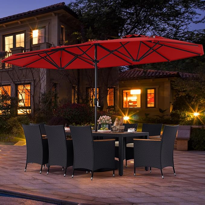Tangkula 11 Piece Patio Wicker Dining Set w/Double-Sided Patio Umbrella, 8 Stackable Cushioned Chairs, 71" Acacia Wood Dining Table & 15 ft Umbrella with Weighted Base (Burgundy + Off White)