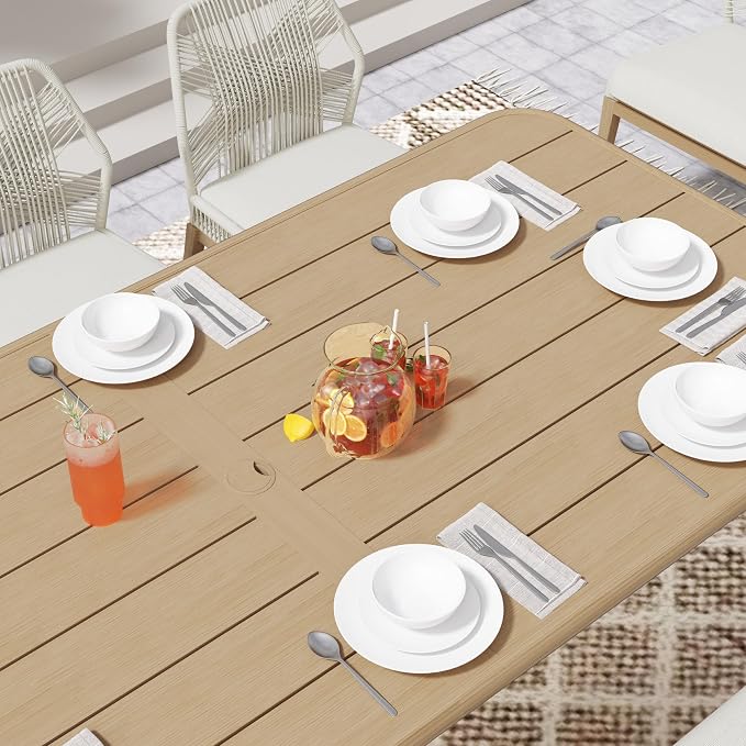 Outdoor Dining Table for 8, Large Rectangular Aluminum Patio Table with Umbrella Hole, 8-Person Rustproof Wood-Like Aluminum Dining Table for Lawn Garden Backyard