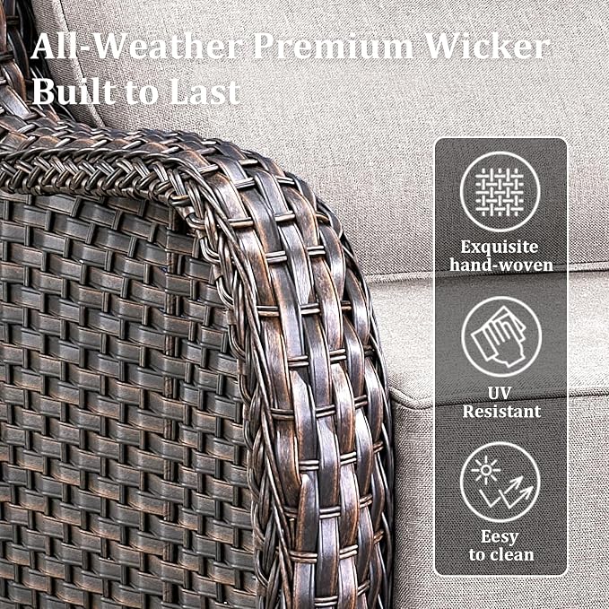 Luxury High Back Patio Furniture Set with 6-Inch Thick Cushions, 7-Pieces Outdoor Furniture with Swivel Chairs, Wicker Conversation Set for Porch, Balcony, Deck and Yard, Brown/Beige