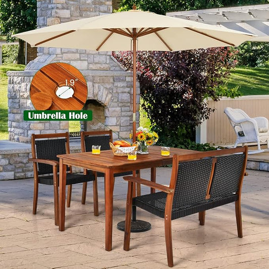Tangkula 4 Pieces Patio Dining Set, Patiojoy Outdoor PE Rattan & Acacia Wood Dining Table Set with Umbrella Hole, Patio Armchairs and Rectangle Table Set for Garden, Backyard and Poolside
