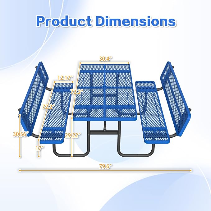 79" Rectangular Metal Picnic Table with Backrest, 1.73" Umbrella Hole, Heavy-Duty Rust & Heat Resistant Steel Mesh Table Set, Smooth Rounded Corner Design for Yard, Park, Beach & BBQ, Blue