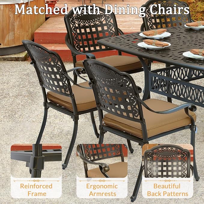 9 Piece Outdoor Patio Dining Set for 8, Cast Aluminium Large Square Dining Table & 8 Cushioned Stackable Chairs, Umbrella Hole, Patio Furniture Set for Garden Porch Poolside, Khaki
