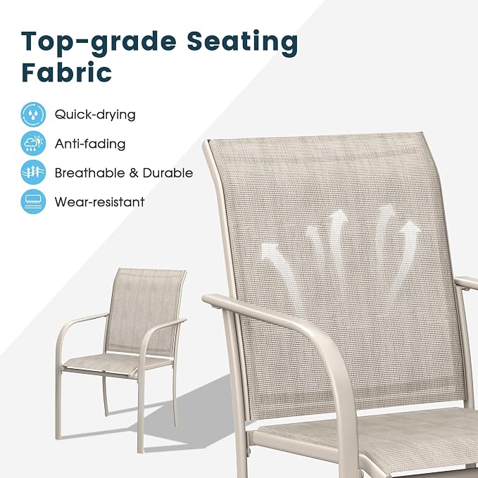 9 Pieces Patio Dining Set, 71" Rectangular Dining Table with Umbrella Hole, 8 Stackable Textilene Fabric Chairs, Metal Structure for Patio, Porch, Garden(Sand Table, Sand Chair)