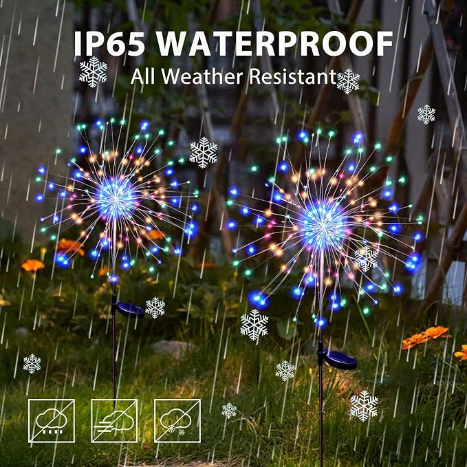 Solar Garden Lights for Outdoor Decor, Waterproof 2 Pack Solar Powered Firework Stake 120 LED Sparklers String Lights for Yard Pathway 4th of July Decorations(Colorful)