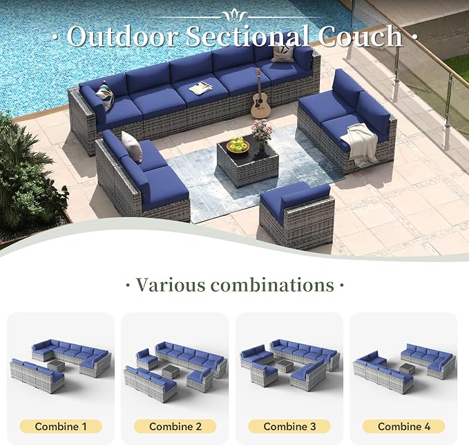 Aoxun 11 Piece Patio Furniture Set Wicker Rattan Patio Conversation Set Outdoor Sectional Sofa Set with Coffee Table and Thickened Cushions, Gray/Blue