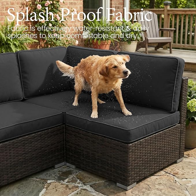 LayinSun 8 Piece Patio Furniture Set with 44" Propane Gas Fire Pit Table, Outdoor Sectional Conversation Set Wicker Rattan Sofa Set with Coffee Table