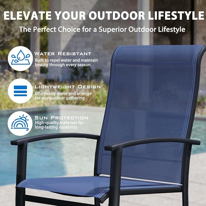9-Piece Outdoor Dining Set for 8 – 60" Black Round Patio Table with Umbrella Hole & 8 Blue Outdoor Dining Chairs with Armrests, Large Poolside Furniture