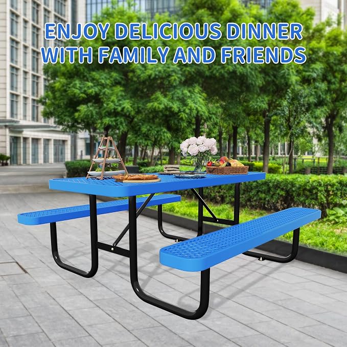 Picnic Tables for Outdoors,Commercial Metal Picnic Table Bench Set with Umbrella Hole,School Canteen Tables W/Seats - Heavy Duty Sturdy Picnic Tables Furniture for Patio Garden (Blue, 4FT)