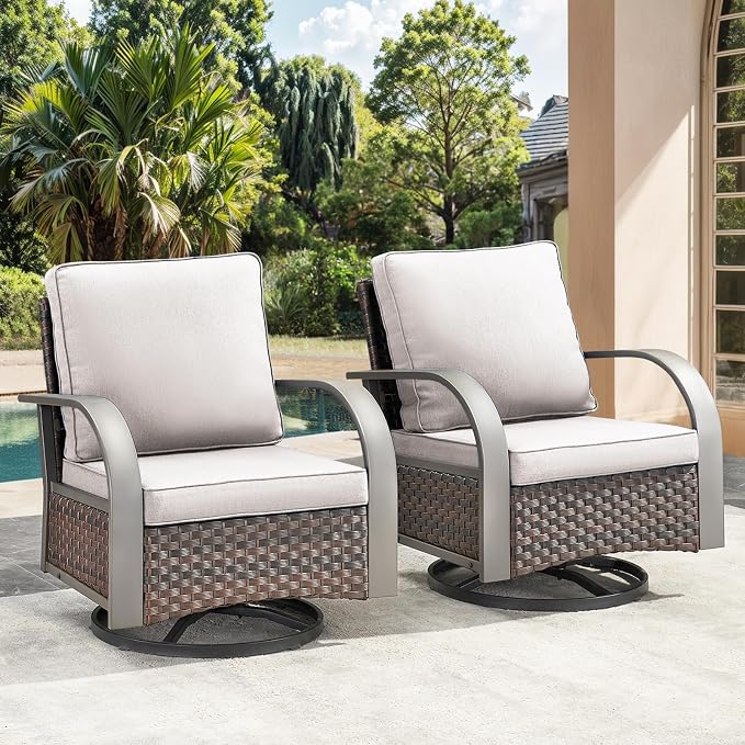 HUMMUH Patio Swivel Glider Wicker Chair, Brown and Beige | 360° swivel and glider motion, 3.5 in Olefin cushion, powder-coated steel frame, removable cover, for deck and porch