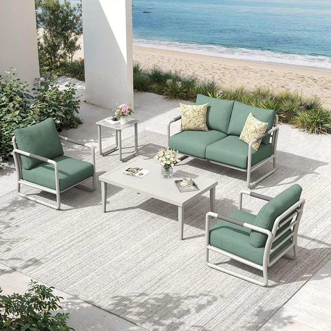 4-Piece Aluminum Patio Conversation Set, Modern Outdoor Sofa with Coffee Table, 6.5" Thick Cushions & All-Weather Rust-Resistant Frame, for Backyard, Poolside, Porch (White)