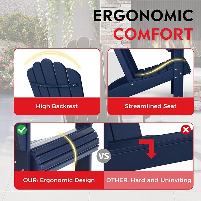 Costaelm Lakeview 4-Piece Outdoor Patio HDPE Adirondack Chairs with Ottomans and Cup Holder Set, Navy Blue