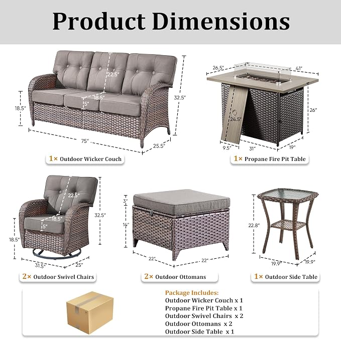 7 Piece Outdoor Patio Furniture Set with Fire Pit Table,Conversation Sectional Wicker Couch with Swivel Chairs,Modern Outside Sofa for Balcony Backyard, Brown/Grey
