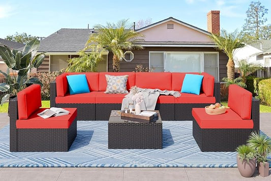 7 Pieces Outdoor Patio Furniture Set with Cushions, PE Manual Weaving Rattan Sectional Sofa, Glass Table Included, Weather Patio Conversation Set for Garden Backyard Deck(Red)