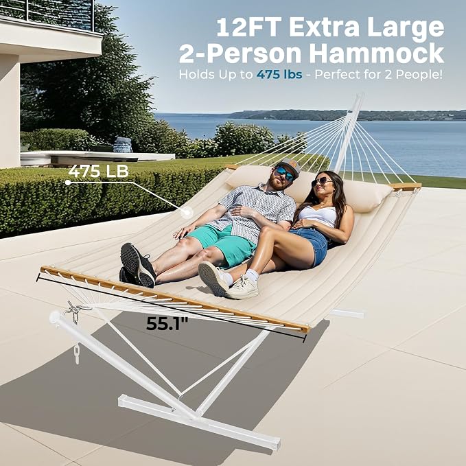 SUPERJARE Hammock with Stand, 2 Person Quilted Outdoor Hammock, Detachable Pillow & Bamboo Spreaders, Portable Hammock with Carrying Bag, Heavy Duty Stand, Perfect for Outside, Patio, Cream Beige