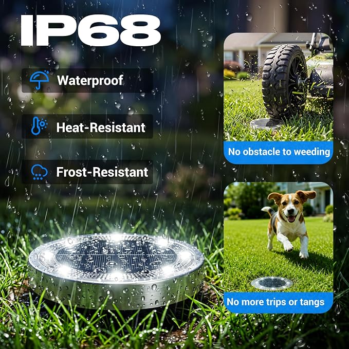 Solar Lights Outdoor Waterproof, 8 Pack Solar Powered Ground Lights Outdoor, IP68 Waterproof, Anti-Rust, Solar Garden Lights Landscape Lighting for Pathway Yard Lawn Walkway Driveway,Cool White