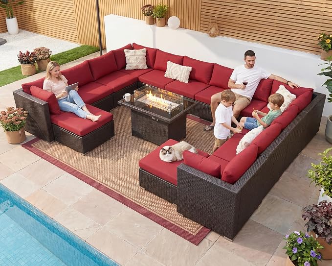 BULEXYARD 15 Piece Highback Wicker Patio Furniture Sets with Firepit, All-Weather Heavy Duty Outdoor Conversation Set Modular, Extra Deep Wide 14-Seats Sectional Couch Sofa for Backyard, Brown & Red