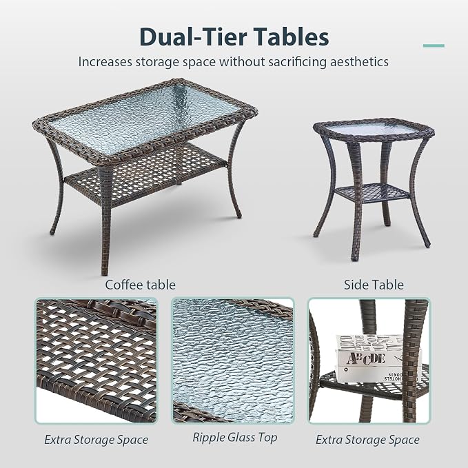 5 Piece Patio Furniture Set - Wicker Patio Conversation Set with Swivel Glider, 3 Seat Sofa, Tempered Glass Side Table and Coffee Table for Deck Backyard - Brown Wicker Grey Cushion