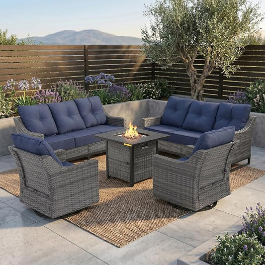 5 Piece Patio Furniture Set With Fire Pit Table,360°Swivel Glider Patio Chairs Set of 2,Cozy 60,000 BTU Square Fire Pit Table,2 Sofas,All-Weather Wicker Outdoor Patio Set With 6 Inch Thick Cushions