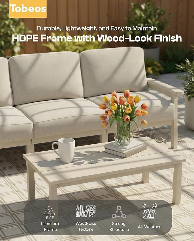 7 Piece HDPE Outdoor Furniture Set with Beige Cushions (White Frame) | All-Weather HDPE, Modular Design, Extra-Deep Seating, Thick Cushions, Ideal for Backyard, Deck & Porch