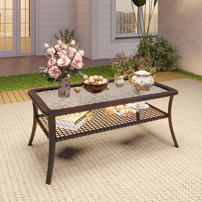 LazySunsets Outdoor Coffee Table with Storage Wicker Patio Coffee Table, Tempered Glass Top Table for Patio Outside Balcony Porch Deck, Brown