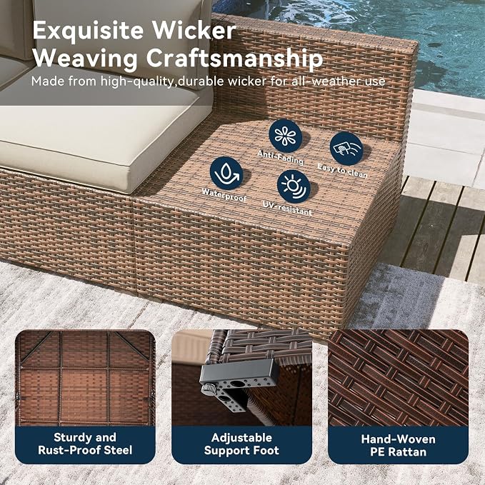 LazySunsets 8 Piece Outdoor Patio Furniture Set with 44'' Fire Pit Table, Outdoor Patio Furniture Set with 4'' Thicken Cushion, Wicker Rattan Outdoor Conversation Set for Backyard & Garden, Beige