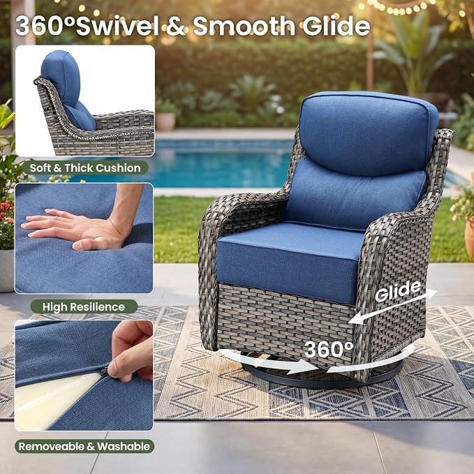 Luxury Patio Furniture Set with 6-inch Thick Cushion, Outdoor Furniture with Fire Pit Table, Swivel Chairs, Sofa, Side Table, Ottomans, 9pcs Wicker Conversation Set(Grey Wicker/Blue Cushion)