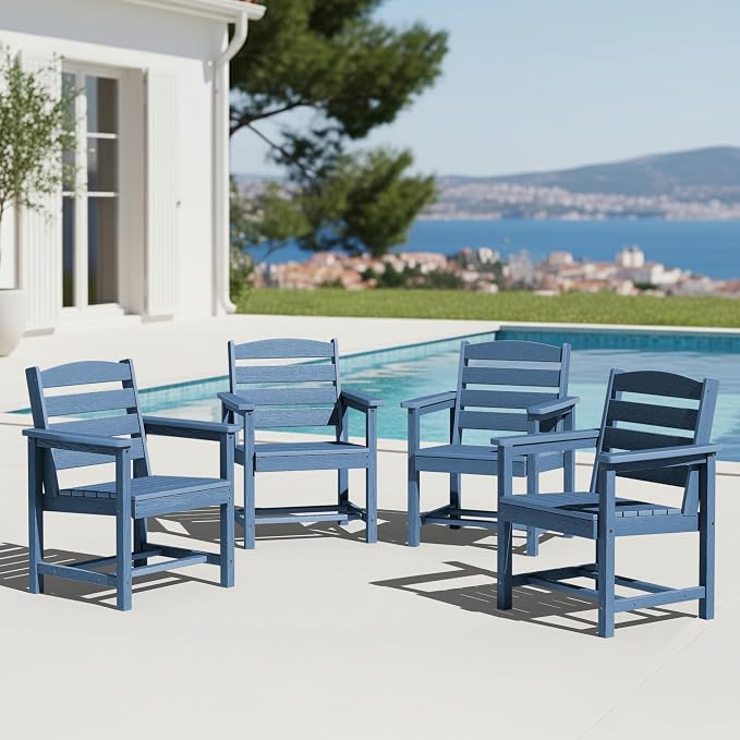 KINGYES All Weather Outdoor Dining Chairs Set of 4, HDPE Oversized Patio Chairs, Navy