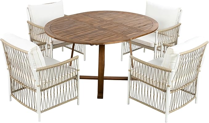 Merax 5 Piece Patio Dining Set, Outdoor Acacia Wood Extendable Round Table with 12 Inch Butterfly Leaf and 4 Rattan Arm Chairs w/Cousions & Pillows for Backyard,Balcony, Garden, Poolsid, Natural