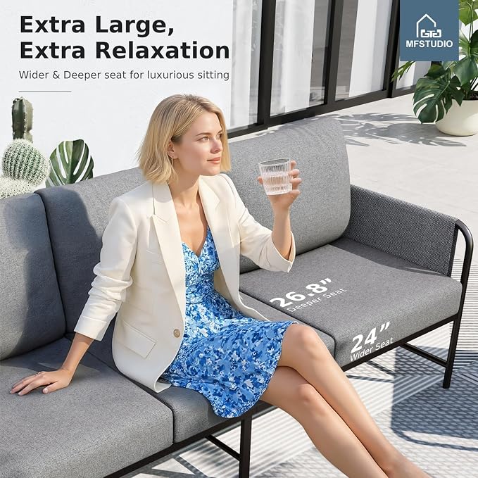 MFSTUDIO Metal Patio Furniture Sets, Outdoor Conversation Sets with Olefin-Filled Textilene Fabric Backrest, 5 Seats Deep Seating Modern Patio Sofa Sets with Textured Coffee Table for Garden(Grey)