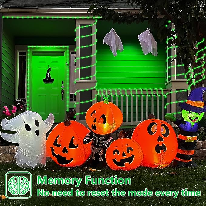 QITONG Green Solar Halloween Lights, 66ft 200 LED Solar Rope Lights Outdoor, 8 Modes Fairy Lights in Clear Thin Tube