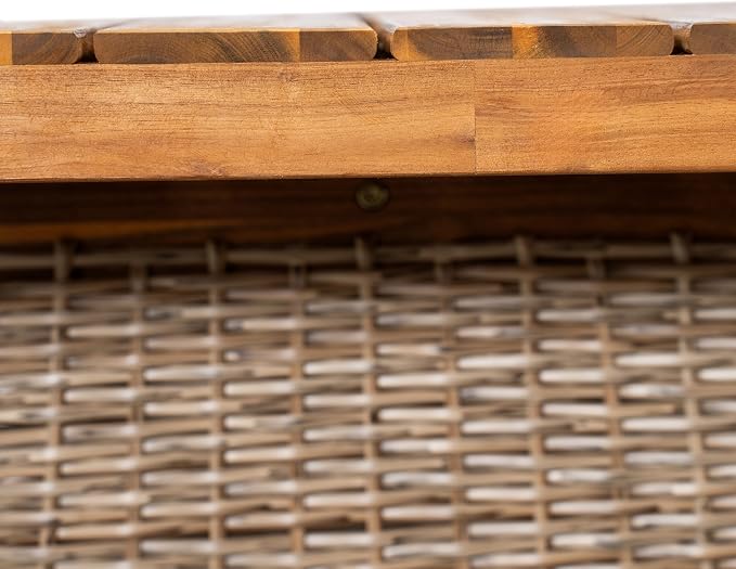 Christopher Knight Home Shuri Patio Acacia Wood Dining Table, Slatted Tabletop Outdoor Side Table with Handwoven Rattan Legs, Rectangular Outdoor Dining Table for Backyard/Garden, Brown + Teak