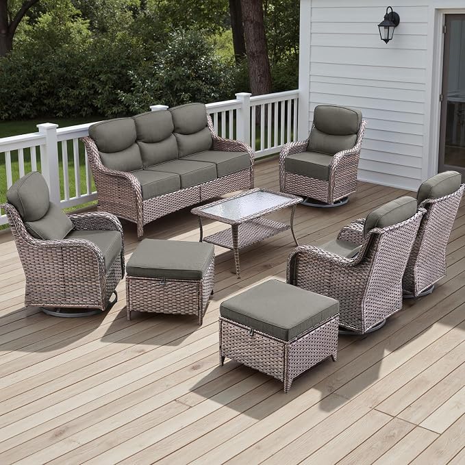 Rilyson Wicker Outdoor Patio Furniture Set - 8 Piece Patio Conversation Sets with Swivel Rocker Chairs, Ottomans, Sofa and Table, 6 inch Cushions, Deep Seating, for Porch Deck Brown/Grey