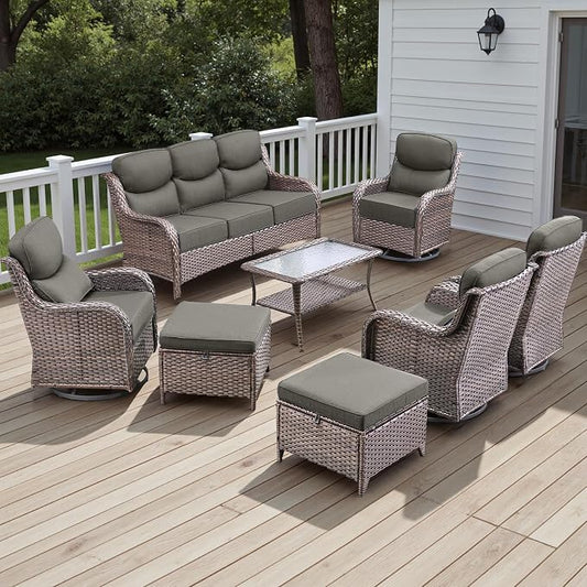 Rilyson Wicker Outdoor Patio Furniture Set - 8 Piece Patio Conversation Sets with Swivel Rocker Chairs, Ottomans, Sofa and Table, 6 inch Cushions, Deep Seating, for Porch Deck Brown/Grey