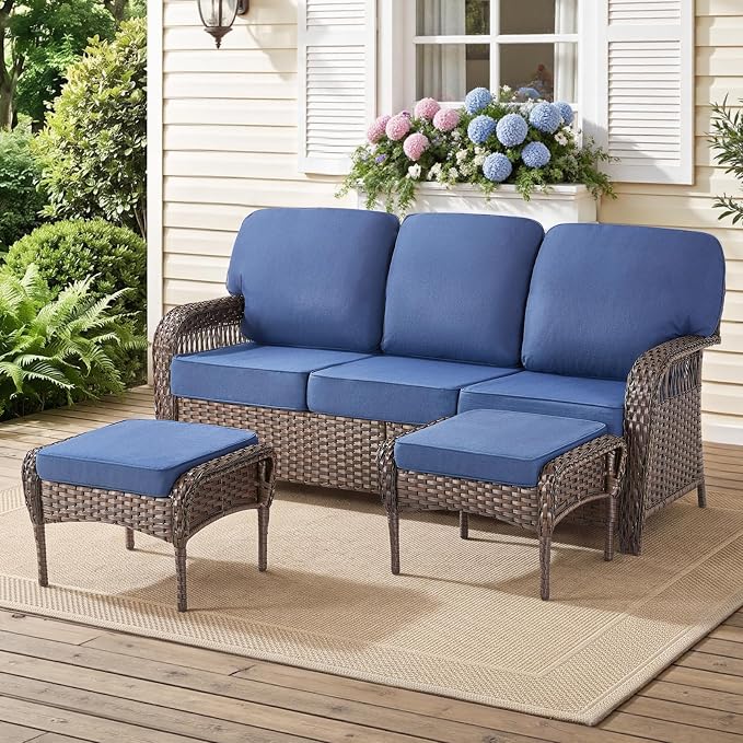 Patio Furniture Set, All Weather 3 PCS Wicker Outdoor Small Sectional Set, 5" Thick Rattan Conversation Set with 3-seat Sofa and Ottoman for Lawn, Garden, Blue/Brown Wicker