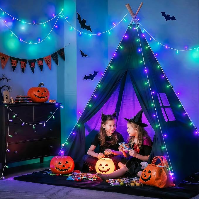 JMEXSUSS Connectable Purple and Green Halloween Lights Plug-in | 8 Modes 100 LED Twinkle String Light Indoor, Clear Wire Christmas Lights Outdoor Waterproof for Halloween Christmas Decor