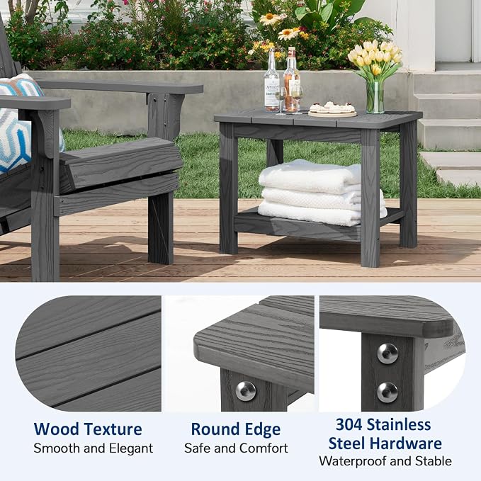 18" Outdoor Side Table, 2-Tier Patio Side Table, Weather Resistant, Easy Assembled, HIPS Adirondack Side Table for Backyard, Pool, Indoor (Gray)
