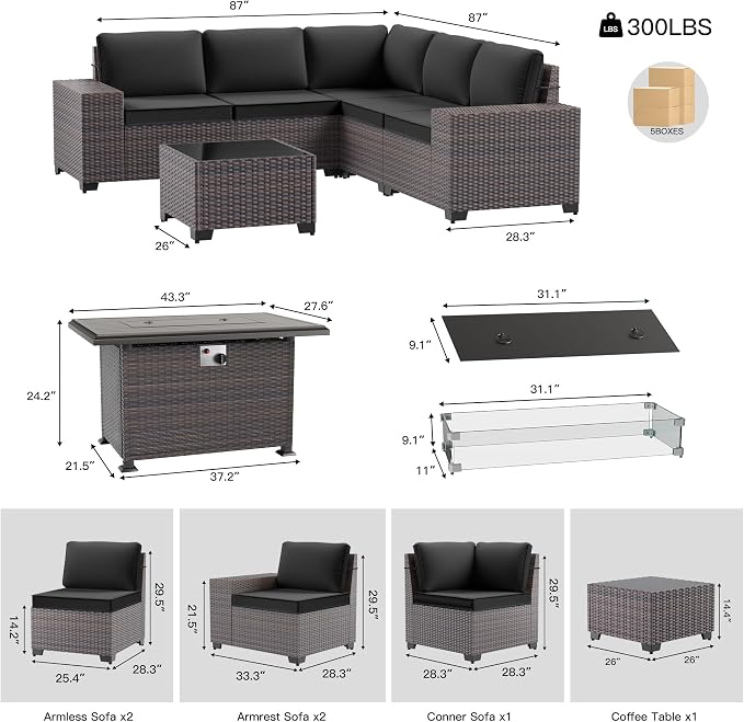 7 Pieces Outdoor Patio Furniture Set with 43"/55000BTU Gas Fire Pit Table,PE Rattan Wicker Outdoor Conversation Sofa Set Non-Slip Cushions Waterproof Covers for Backyard,Poolside,Garden,Black