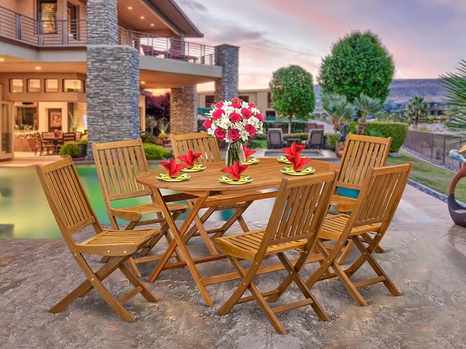East West Furniture DIDK7CWNA 7 Piece Patio Dining Set Consist of an Oval Outdoor Acacia Wood Table and 6 Folding Side Chairs, 36x60 Inch, Natural Oil