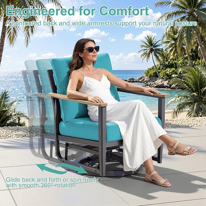 Aluminum Patio Swivel Rocking Chair Outdoor Bistro Set with Ottomans, 5PCS Patio Conversation Set Outdoor Patio Furniture Set with High Backrest & Thickened Cushions for Garden, Turquoise
