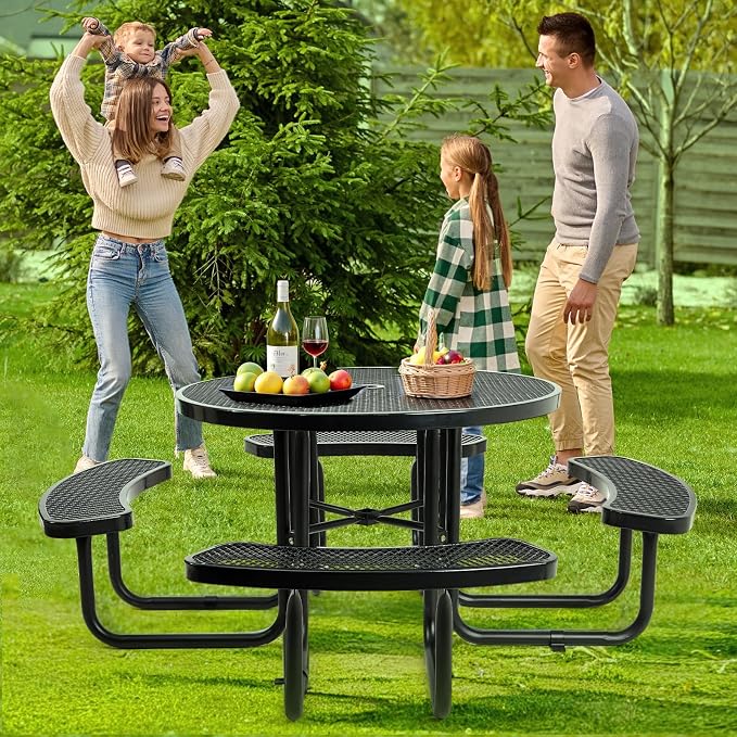 46IN Circle Metal Picnic Table Set with Umbrella Hole and Benches for Outdoor, Expanded Heavy Duty Metal Commercial Grade Patio Dining Furniture for Yard Patio Lawn Party Coffee, Black