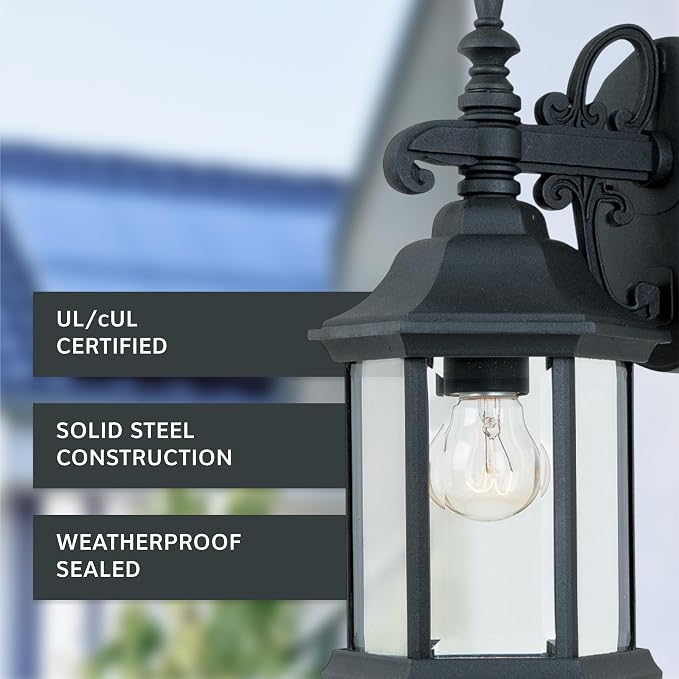 DESIGNERS FOUNTAIN Devonshire Outdoor Light Fixture, 14 Inch Exterior Wall Lantern Sconce for Front Door, Patio and Porch, Black, 2961-BK