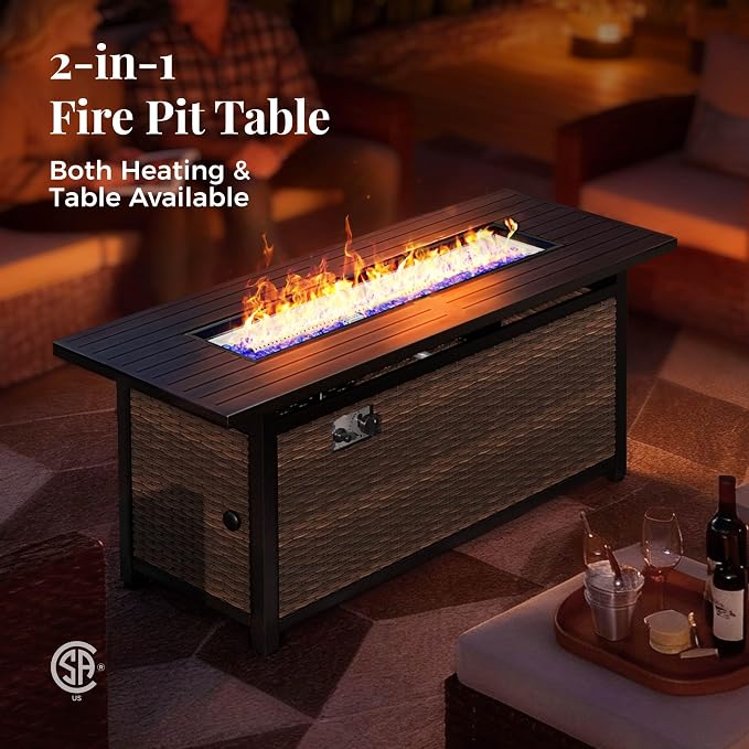 MIXPATIO Patio Furniture Set, 8 Pcs Wicker Rattan Outdoor Conversation Set, 4 x Leg Chairs, 1 x 3 Seater Sofa and 2 x Ottoman with 4" Thick Cushion and 56" Fire Pit Table, Beige