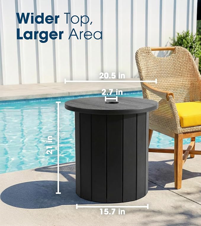 wikiwiki 2-in-1 70Lbs Patio Umbrella Base & Outdoor Side Table with Hole, HDPE Woodgrain Small Outdoor Table Fits 1.5-1.9in Pole for Patio, Deck, Poolside & Garden Use, Dark Black