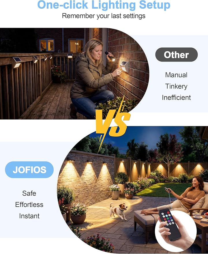 JOFIOS Fence Lights Solar Powered with Remote, 9 Fixed Colors 12 Modes, Solar Fence Lights Outdoor Waterproof, Warm/Cool White, RGB LED Deck Lights for Yard/Railing/Balcony/Patio/Stair/Outside, 8 Pack