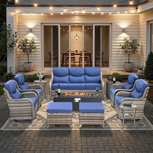 HUMMUH Luxury Patio Furniture Set 6-inch Thick Cushions High Back Swivel Rocker Chairs & 3 Seater-Couch & Steel Fire Pit Table 11 Pieces Outdoor Conversation Set for Porch,Deck,Backyard