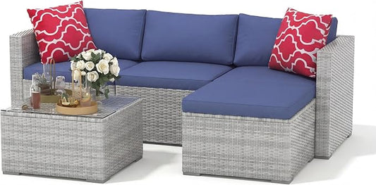 IDEALHOUSE 5-Piece Outdoor Sectional Sofa Set – All-Weather PE Rattan Conversation Furniture with Tempered Glass Table, Waterproof Blue Cushions & Footstool – Garden, Porch, Poolside – Gray Gradient