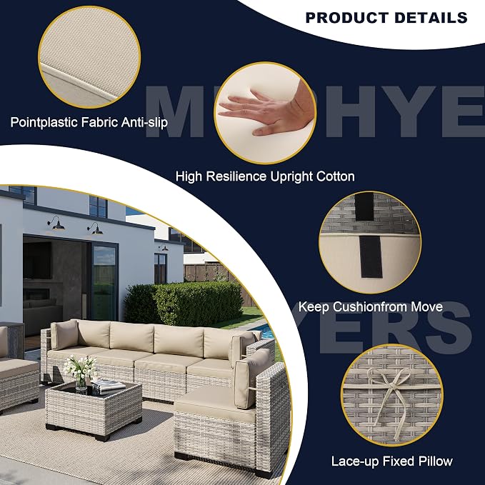 15-Piece Outdoor Patio Furniture Set with Rocking Swivel Chair, Wicker Rattan Sectional Sofa Conversation Set with Tempered Glass Table, with Ottomans Backyard Furniture, Beige